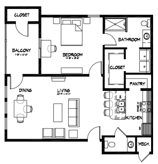Floor plan for 1 bed, 1.5 baths, 952 sqft